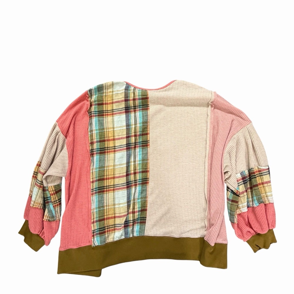 Easel Daisy Waffle Plaid Patchwork Oversized Sweatshirt L Hippie Boho Lagenlook - Picture 3 of 9